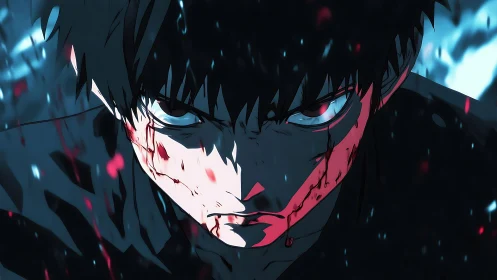 Focused anime character portrait with blood and dark tones.