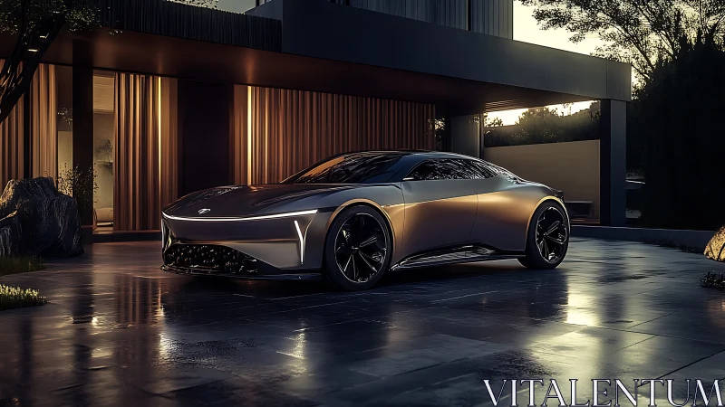 Silver concept coupe parked beside modern house at dusk.