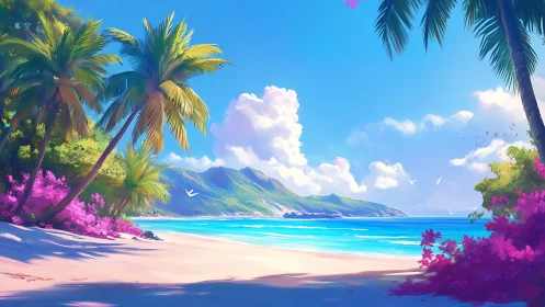 Tropical Coastal Landscape with Palm Trees, Mountains, Beach