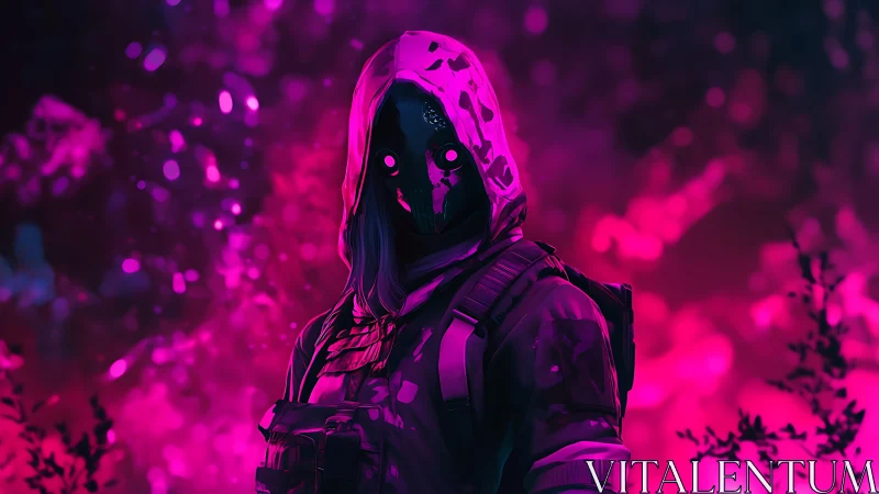 Hooded masked figure stands in neon pink illuminated forest