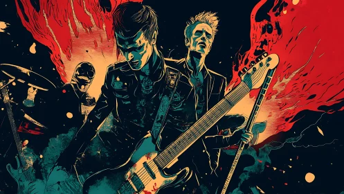 Stylized rock band illustration captures explosive stage energy