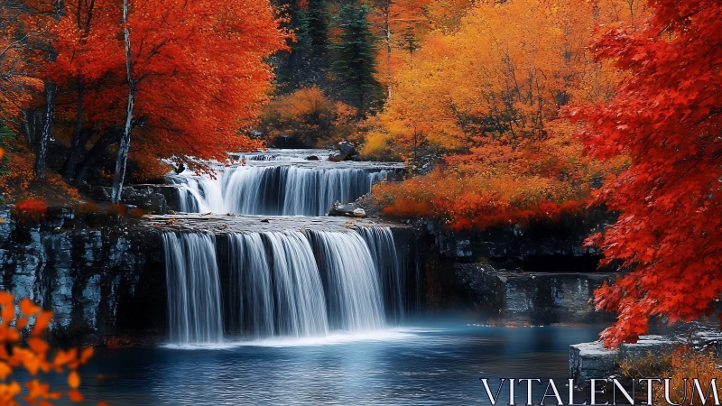 Tiered waterfall framed by vivid scarlet and amber foliage.