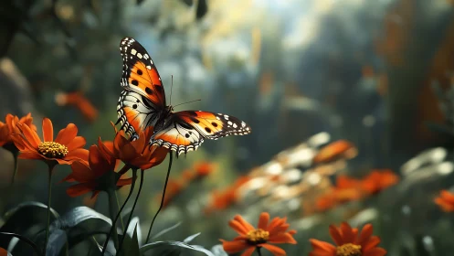 Monarch butterfly resting on orange wildflowers at sunrise.