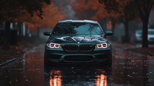 Front-facing BMW sedan on rain-slick autumn urban roadway.