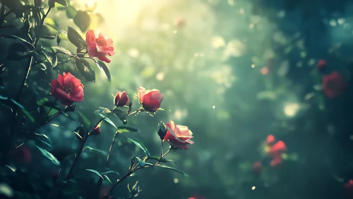 Crimson Blooms Dance Through Golden Light's Ethereal Embrace.