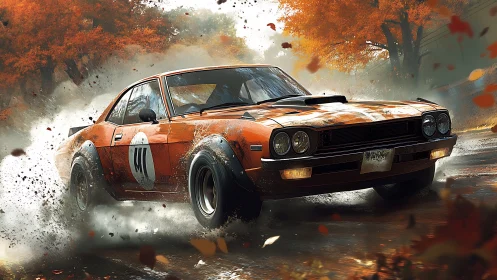 Classic orange rally car powers through wet autumn corner