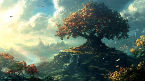 Large autumn tree crowns rocky plateau above misty valley