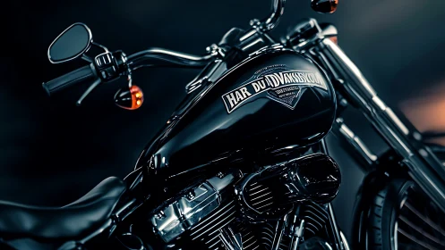 Close-up studio view of black cruiser style motorcycle.