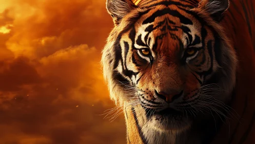 Majestic tiger portrait under dramatic ember sky lighting.