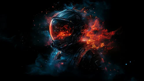 Lone space warrior stands in a burning cosmic inferno
