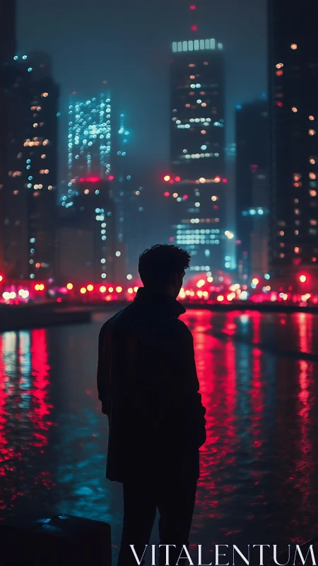 Silhouetted observer beside neon-lit river in foggy megacity.