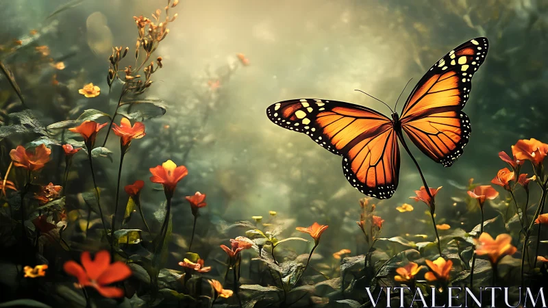 Monarch butterfly over orange wildflowers in soft light.