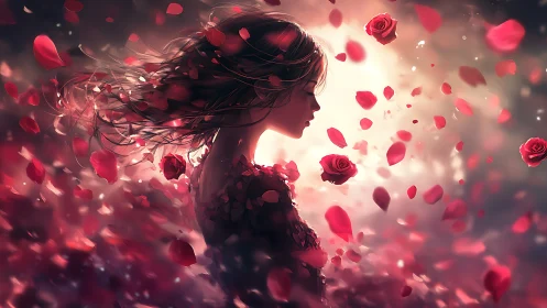 Soft light cradles a dreamy girl surrounded by drifting roses