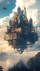 Soaring sky castle drifting softly above a quiet silver sea.