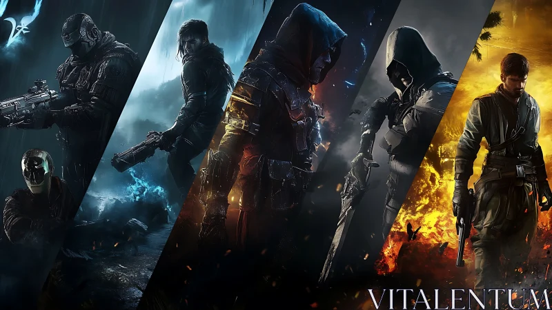 Five armed figures stand in segmented, contrasting environments