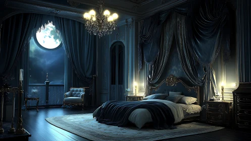 Moonlit royal chamber where velvet shadows learn to glow.