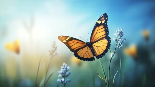 Monarch butterfly poised on wildflower in soft dawn glow.