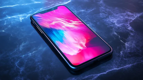 Modern smartphone with vivid display on reflective surface.