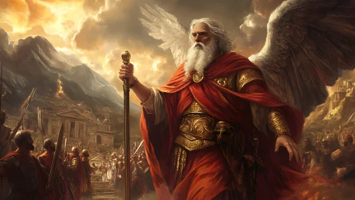 Winged warlord in ember skies commanding ancient legions.