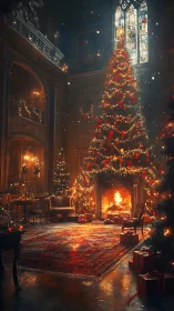 Candlelit Christmas eve in a grand, storybook manor room.