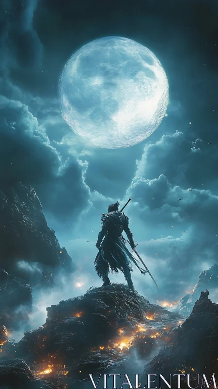 Lunar-illuminated swordsman on volcanic ridge, atmospheric depth.