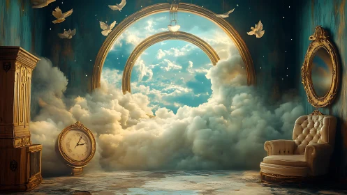 Baroque lounge opens into luminous cloudscape through arched portal