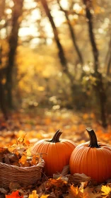 Two pumpkins rest on leaf-covered ground in shallow focus