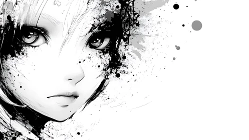 Monochrome anime portrait dissolves into abstract ink splatter