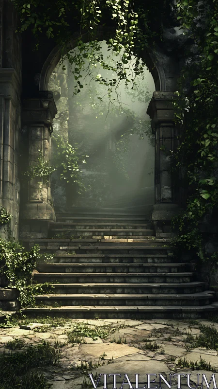 Sunlit stone stairway through overgrown ruined archway.