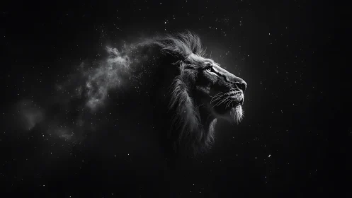 Stellar lion spirit emerging from cosmic midnight dust.