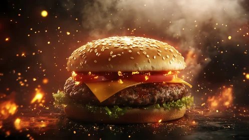 Cheeseburger with sesame bun rendered in dramatic fire effects
