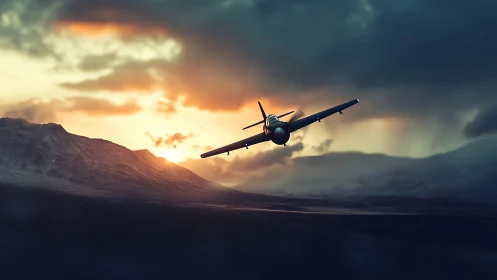 Low-flying fighter plane cuts across stormy sunset valley