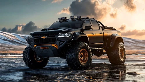 Lifted black off-road pickup truck on icy open terrain.