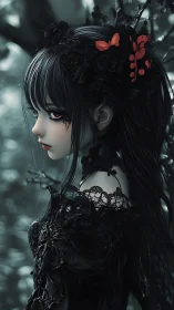 Gothic anime girl in black lace with crimson accents profile.