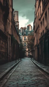 Quiet Parisian alleyway glows softly under brooding skies