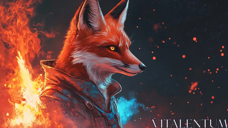 Digital painting of vulpine warrior in flaming chromatic profile.