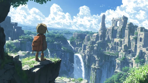 Young wanderer gazes over sunlit waterfalls and ruins.