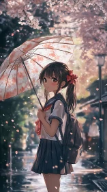 Schoolgirl under umbrella amid cherry blossom street scene.