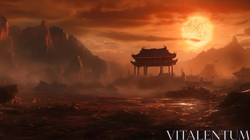 Crimson sun temple broods over misty volcanic wasteland.