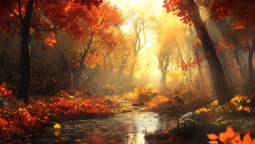 Autumn Forest Stream at Golden Hour.