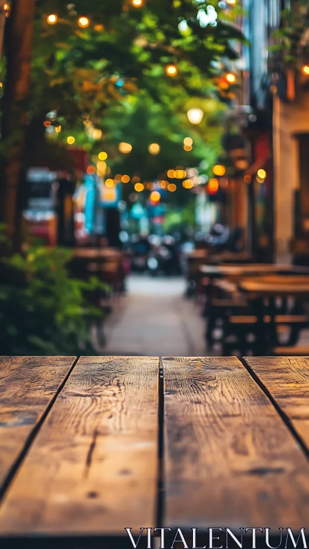Shallow depth of field isolates weathered café table in bokeh alley