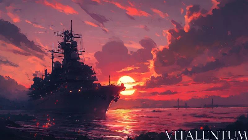 Sunset dreadnought drifting through molten horizon glow.