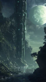 Tall alien tower rises above misty canyon river under moon