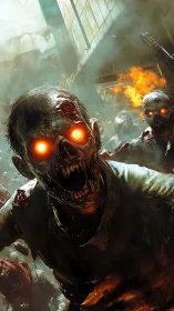 Flaming-eyed zombies surge through burning city street.