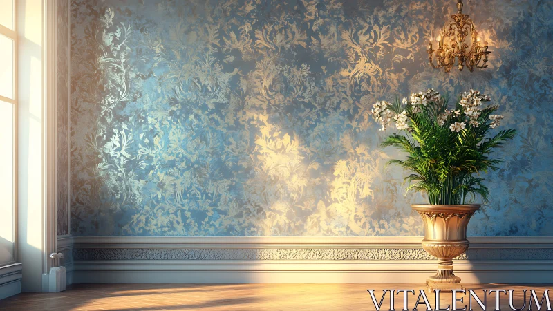 Baroque-lit floral urn against gilded damask accent wall.