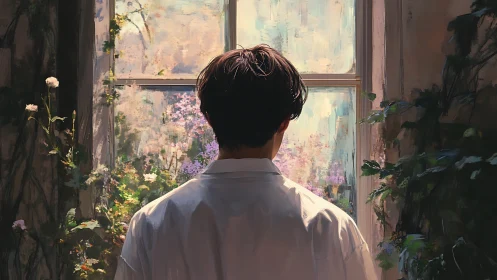 Solitary dreamer bathed in garden light before quiet window.