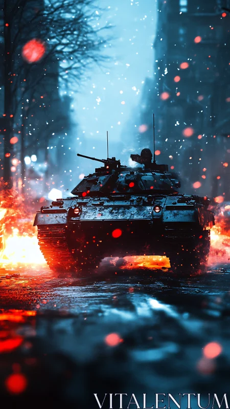 Armored combat vehicle advances through burning winter street