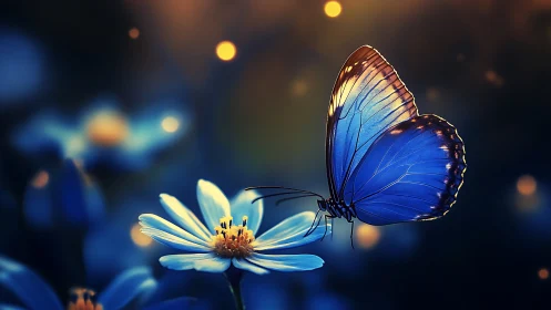 Midnight butterfly balances on moonlit daisy petals