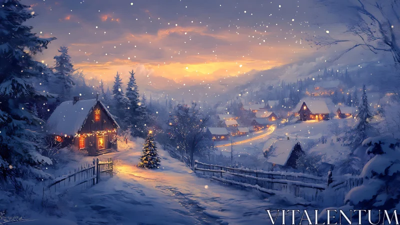 Snow-covered village at dusk with illuminated cottages and trees.