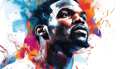 Stylized male portrait with abstract multicolor brushstrokes.